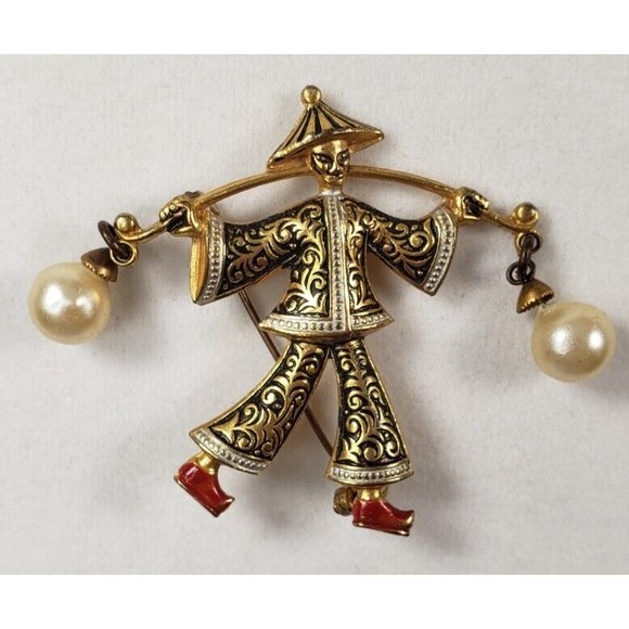 Vintage Damascene Asian Theme Brooch/Pin - Picture 6 of 9